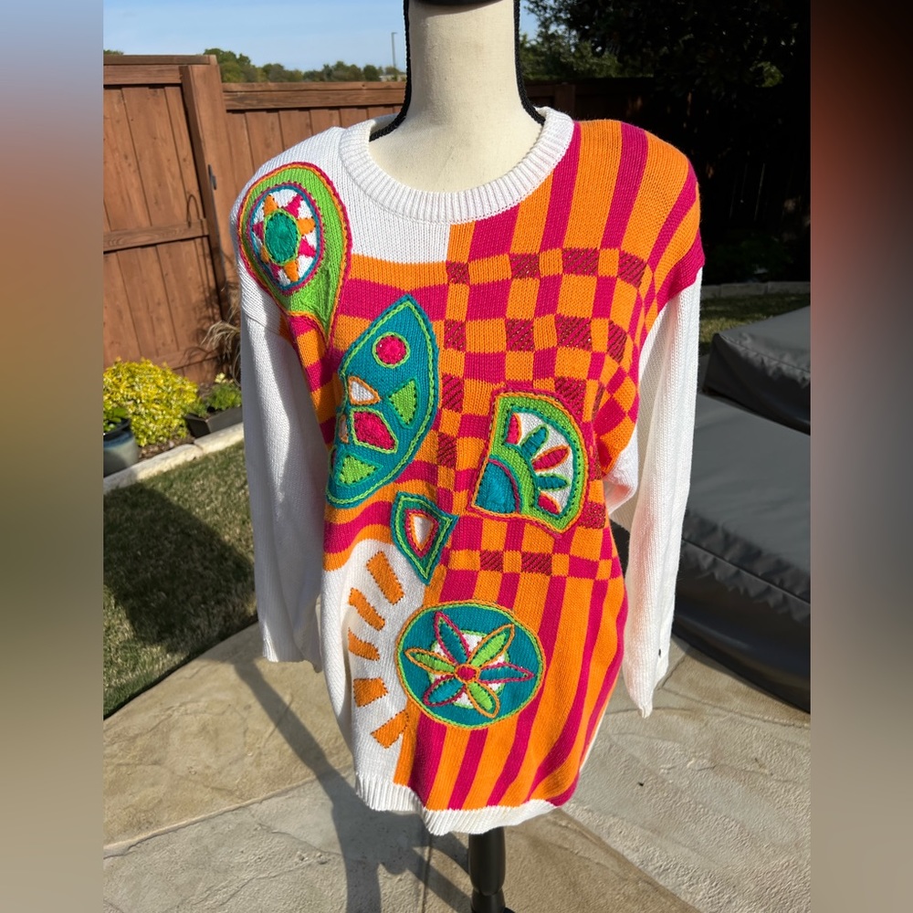 Vintage 80s Colorful Sweater Ladies Size Medium - Picture 1 of 7